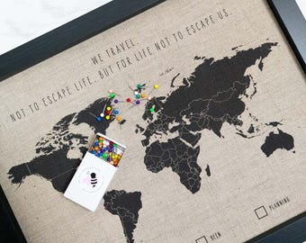 Framed Travel Map on Cotton or Linen with Push Pins – Personalized World Map for Couples, Husband / Wife Anniversary Gift