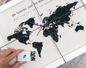 Personalized World Pushpin Travel Map on Cotton/Linen – 2nd, 4th, 12th Anniversary Gift