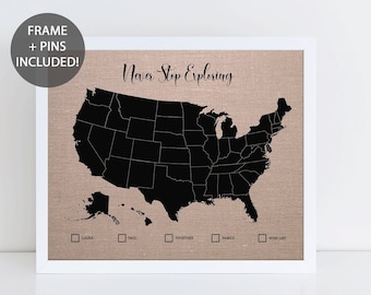 Never Stop Exploring Pushpin Map •  Framed Fabric USA Map including Pushpins • Push Pin Personalised US Map • Linen and Cotton Anniversary