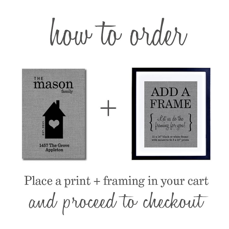May include: A black and white image showing how to order a personalised house print with a frame. The print features the text "THE mason family" and a house with a heart. The frame option is shown with the text "ADD A FRAME" and "Let us do the framing for you!" with a black or white frame option for 8 x 10 inch prints.