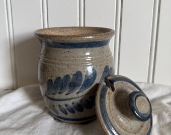Tarro de mermelada de gres vintage con tapa / Estilo esponja azul