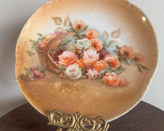 RS Germany Acabado brillante Diseño floral Cesta de flores Coral Baño de oro Porcelana