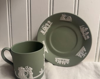 Vintage Wedgwood Sage Green Jasperware Cup and Saucer Set | Neoclassical Relief Design