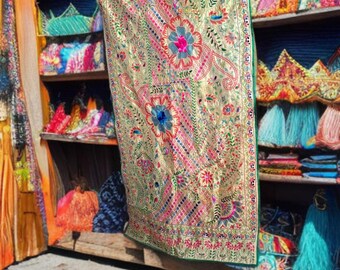 Embroidered Phulkari Dupatta: Chanderi Silk Floral Scarf