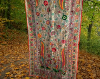 Floral Phulkari Dupatta: Embroidered Chanderi Silk Scarf/ beach scarf
