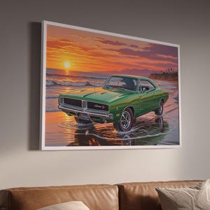 Arte de pared de coches clásicos / Impresión de Charger 1969 / Arte de atardecer en la playa / Regalo para amantes de los coches / Impresión de muscle cars americanos / Decoración de coches retro