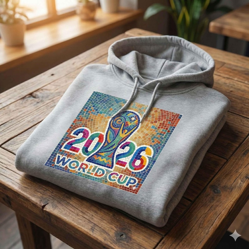 Gray hoodie folded on table featuring 2026 world cup soccer art.