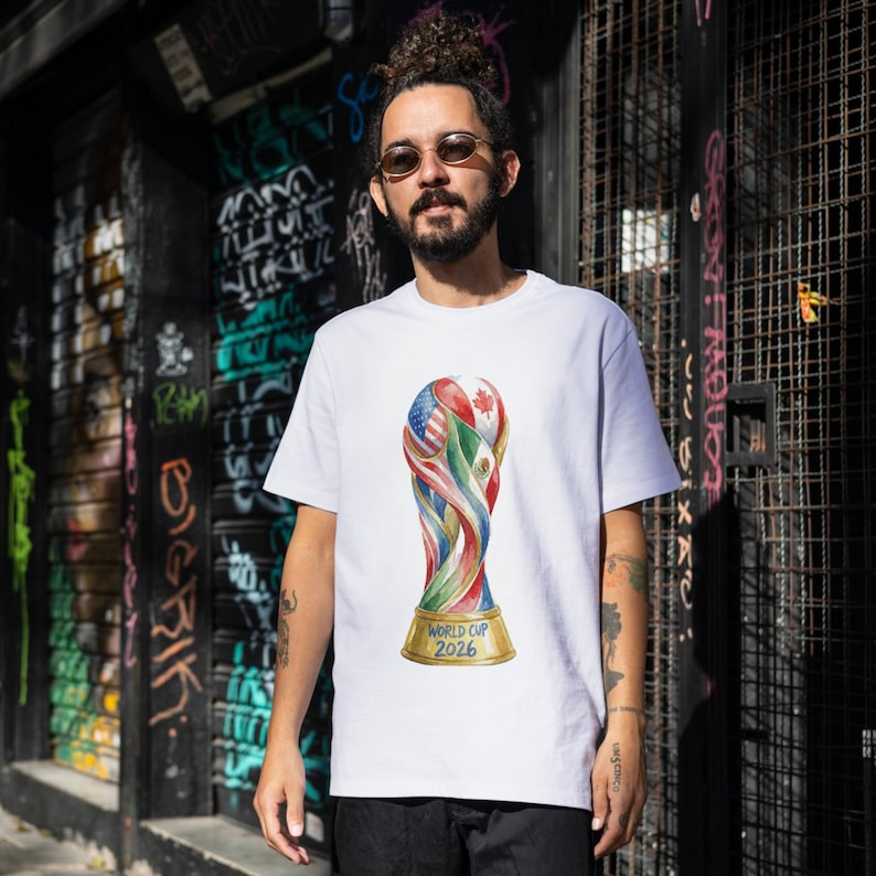 Watercolor illustration of the 2026 World Cup trophy featuring USA, Canada, and Mexico flags intertwined. High-resolution digital clipart isolated on white for sublimation and t-shirt printing.