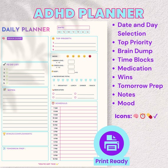 Daily Planner Printable PDF - Emoji,  Hourly Schedule, Time-Blocking & Brain Dump