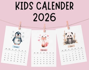 Kids Calendar 2026 Printable | Animal Monthly Calendar for Children | Homeschool PDF