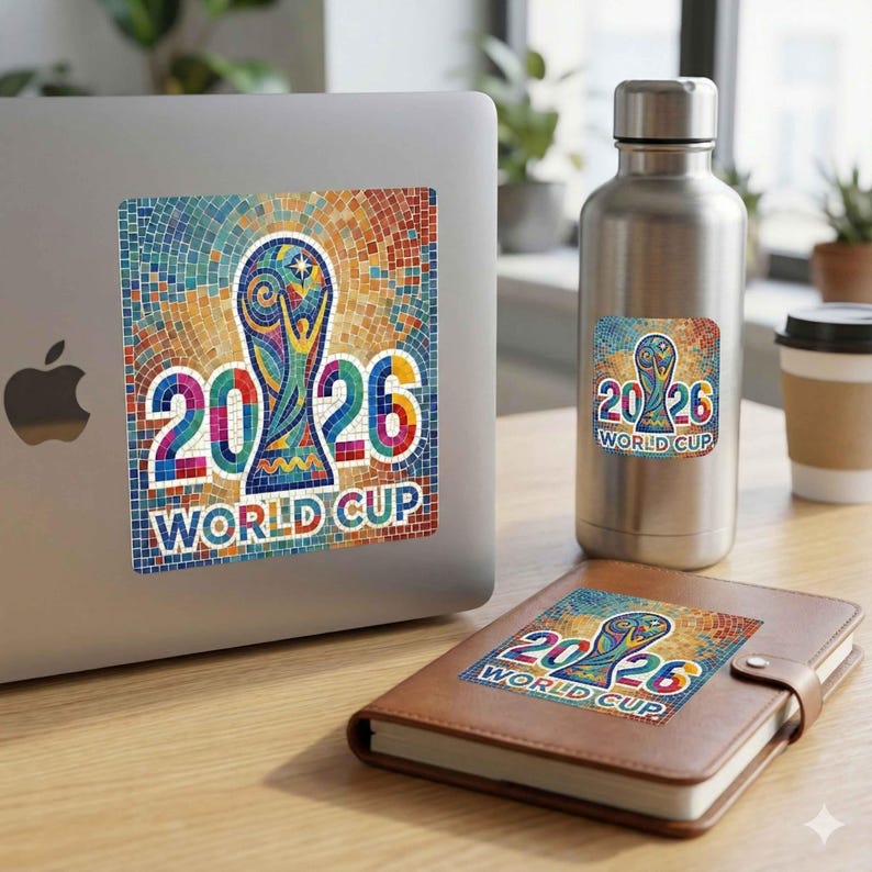Laptop with diary and water bottle featuring football trophy sticker on cover