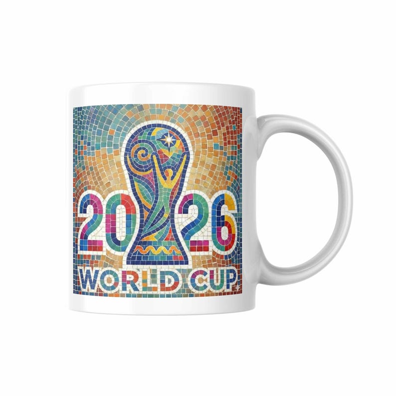 Ceramic coffee mug with 2026 football tournament logo art.