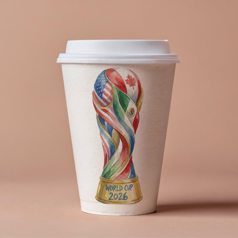 Artistic 2026 World Cup trophy print with blurred stadium background. Colorful watercolor soccer art featuring American, Canadian, and Mexican flags for football fan wall decor.