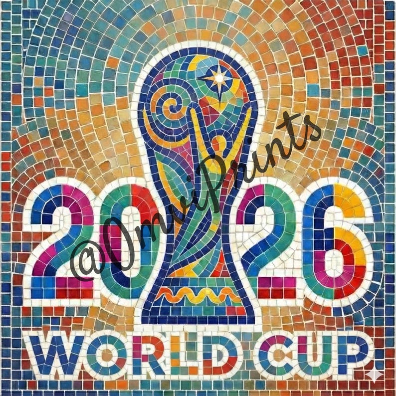 Colorful mosaic style World Cup 2026 trophy illustration with stained glass effect digital png.