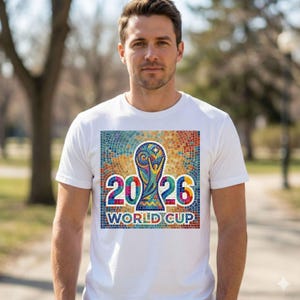 Man wearing white t-shirt with vibrant mosaic football trophy sublimation design