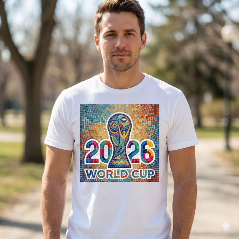 Man wearing white t-shirt with vibrant mosaic football trophy sublimation design