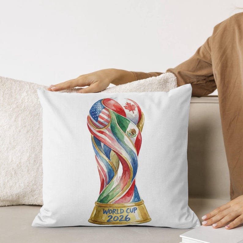 Artistic 2026 World Cup trophy print with blurred stadium background. Colorful watercolor soccer art featuring American, Canadian, and Mexican flags for football fan wall decor.