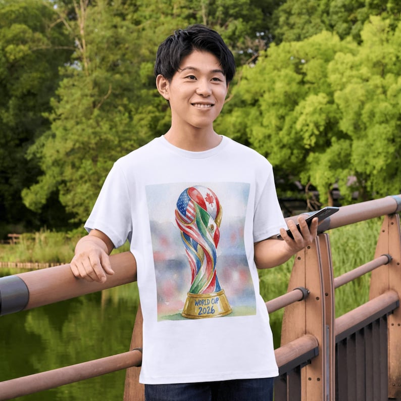 Watercolor illustration of the 2026 World Cup trophy featuring USA, Canada, and Mexico flags intertwined. High-resolution digital clipart isolated on white for sublimation and t-shirt printing.