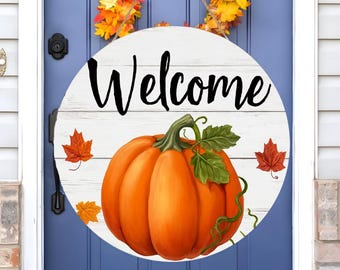 Panneau de bienvenue citrouille, accroche-porte automne en bois rustique