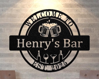 Custom Bar Sign, Home Bar Decor, Personalized Metal Bar Name Sign, Man Cave Decor, Pub Sign, Bar Wall Art, Kitchen Sign, Gift for Him, Dad