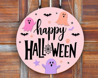 Pink Halloween Door Sign, Spooky Ghost Welcome Decor