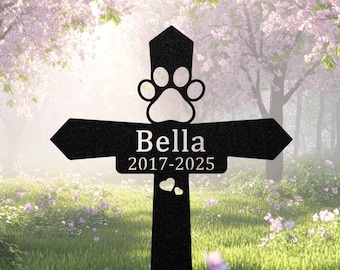 Custom Metal Pet Memorial Garden Stake, Paw Print Cross