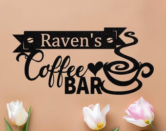Personalized Coffee Bar Sign, Custom Coffee Decor, Metal Bar Wall Art, Kitchen Decor, Coffee Lover Gift, Cafe Shop Sign, Family Name Sign