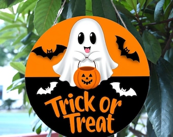 Halloween Door Sign, Ghost, Pumpkin, Bats Wooden Decor
