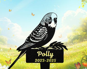 Spersonalizowana tabliczka pamiątkowa z papużką falistą, metalowa dekoracja ogrodowa dla papużek falistych