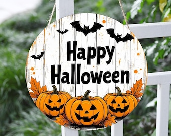 Halloween Door Sign, Rustic Wood Pumpkin Bat Decor