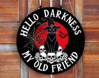 Black Cat Halloween-deurhanger, spookachtig houten welkomstbord