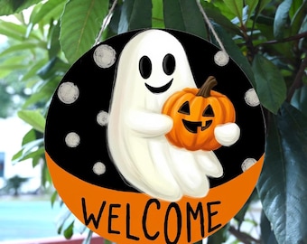 Halloween Welcome Sign, Ghost and Pumpkin Wooden Door Hanger