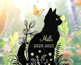May include: Black metal cat silhouette garden stake with the name "Milo" and the years "2020-2025". The cat is surrounded by floral and plant designs, with a butterfly in the background.