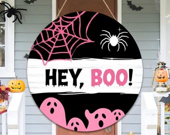 Hey Boo Halloween Door Hanger, Spooky Pink Ghost Decor