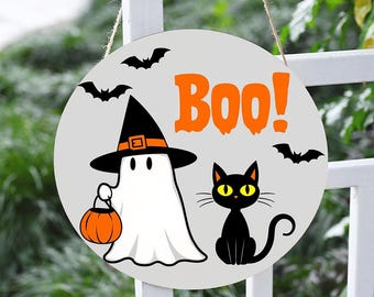 Halloween Black Cat Ghost Wooden Door Sign, Spooky Party Decor