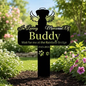 May include: A black metal memorial garden stake featuring a silhouette of a dog with angel wings and a halo. The text reads In Loving Memorial Of Buddy, Wait for me at the Rainbow Bridge, and 2015-2026, with two small paw print cutouts below.