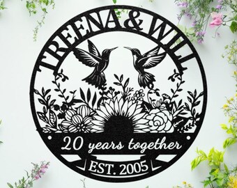 Custom Anniversary Metal Sign, Hummingbird Floral, Personalized Family Keepsake