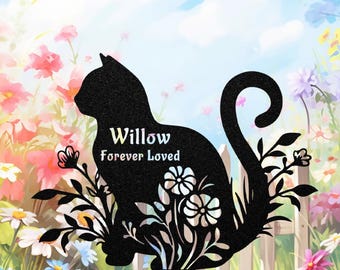 Lápida de metal personalizada para gatos, estaca conmemorativa floral para gatos, letrero grabado con el nombre de la mascota