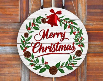 "Weihnachts-Türschild, ""Merry Christmas"" rundes Bauernhaus-Holzschild."