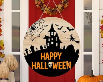 Drewniany wieszak na drzwi na Halloween, tabliczka powitalna do nawiedzonego domu
