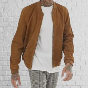 Men’s Tan Suede Leather Biker Bomber Jacket – Genuine Sheepskin Handmade Coat handmade men’s coat sheepskin suede coat Gift for Him