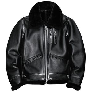 Men&#39;s Black Sheepskin Shearling Aviator Jacket: Handmade Leather Bomber