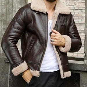 Handgefertigte Lammfell Fliegerjacke : Herren Lammfell Leder Bomberjacke
