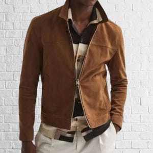 Men’s Tan Sheepskin Suede Leather Biker Jacket – Trendy Zip-Up Casual Coat suede biker coat | Handmade Gift for Him custom size coat