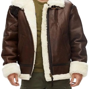 Handmade Chocolate Brown Shearling Aviator Jacket: Real Sheepskin Leather