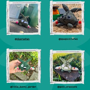 May include: An image with four square photos of crochet bunny figures. The bunnies are green, gray, and white with various details. The text "TESTER APPRECIATION" is at the top. The photos are framed with a white border and the creators' usernames are listed below each photo.