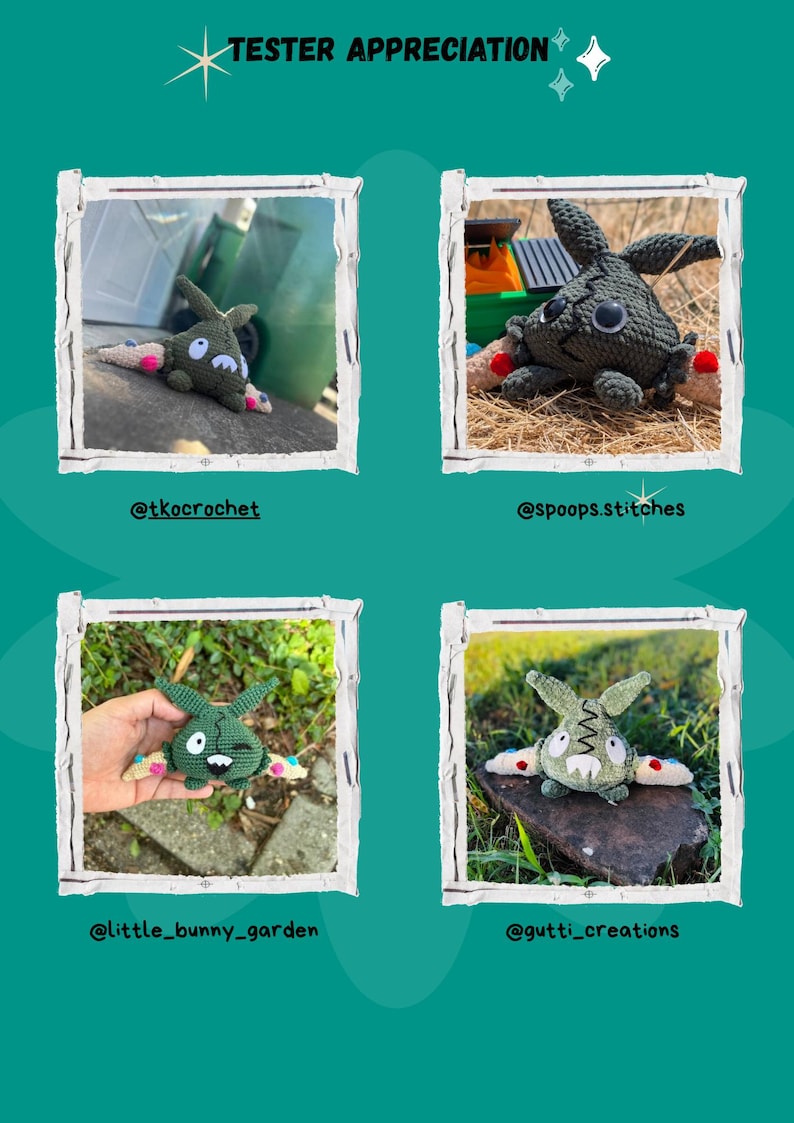May include: An image with four square photos of crochet bunny figures. The bunnies are green, gray, and white with various details. The text "TESTER APPRECIATION" is at the top. The photos are framed with a white border and the creators' usernames are listed below each photo.