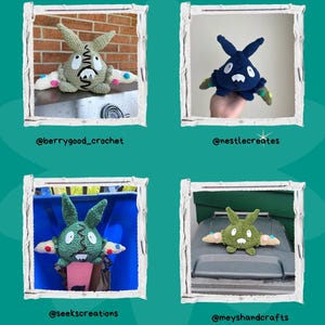 May include: A teal background with the text "TESTER APPRECIATION" and four framed images of crocheted creatures. Each creature has a unique design and color scheme, including green, blue, and gray. The images are labeled with Instagram handles.
