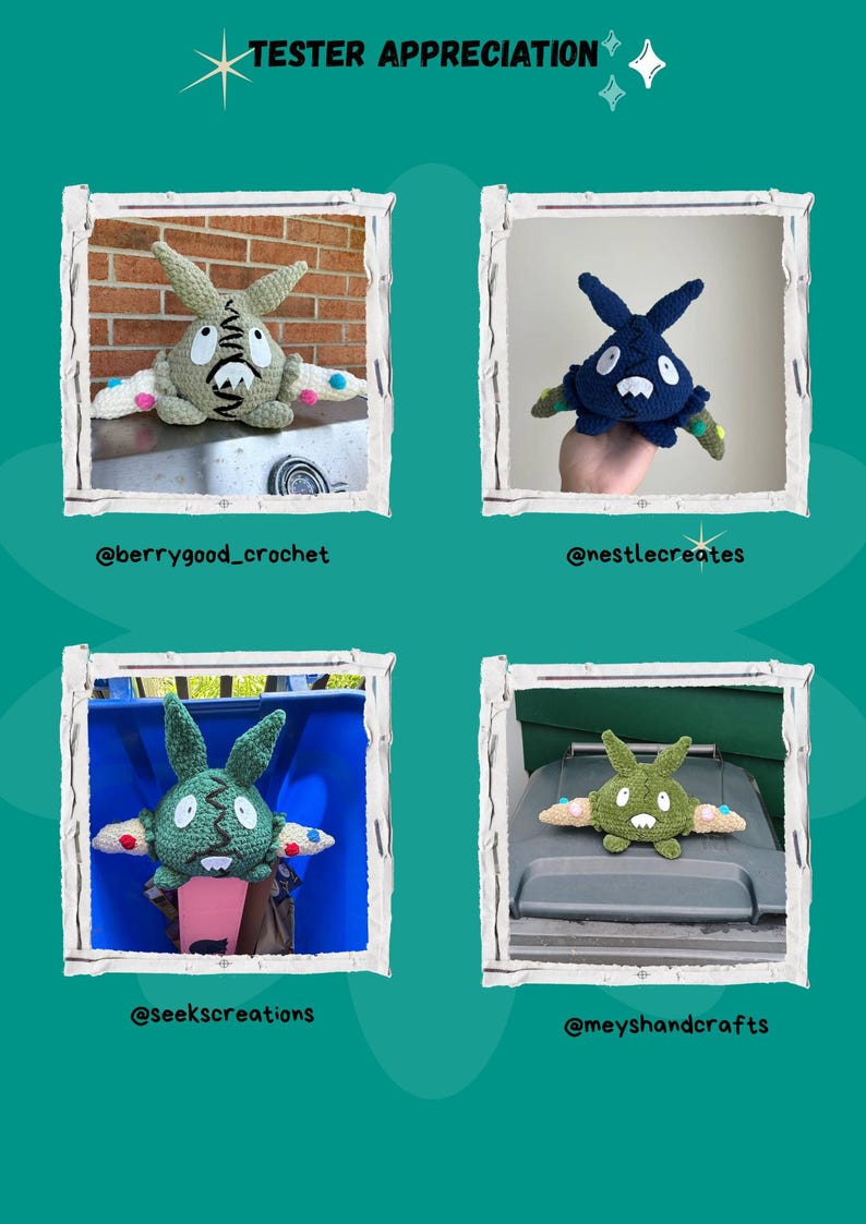 May include: A teal background with the text "TESTER APPRECIATION" and four framed images of crocheted creatures. Each creature has a unique design and color scheme, including green, blue, and gray. The images are labeled with Instagram handles.