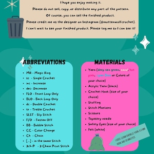 May include: A teal-colored crochet pattern guide with a list of abbreviations and materials. The materials list includes yarn in various colors, a crochet hook, stuffing, stitch markers, scissors, a tapestry needle, safety eyes, and felt.